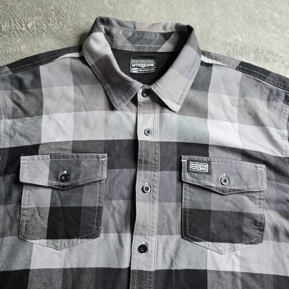 MTN OPS Pinyon Flannel Shirt Mens Medium Black Gray Outdoors Hiking Stretch